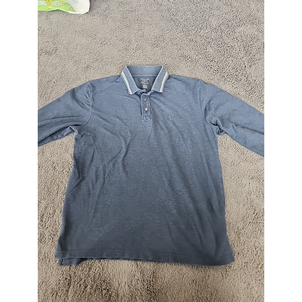 American Eagle Mens Blue Super Soft Long Sleeve Polo Size Large Standard Fit